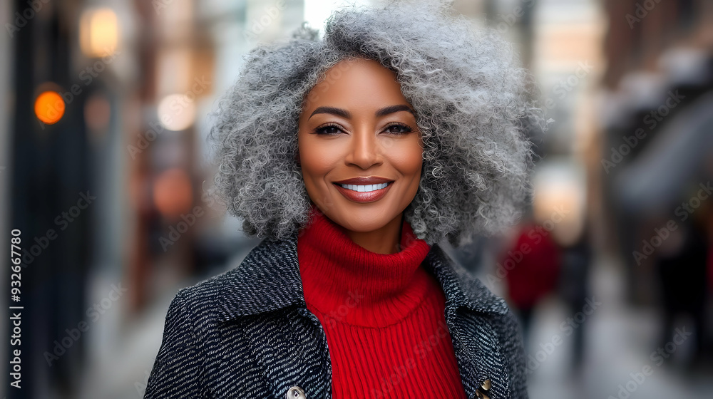 A smiling woman with curly gray hair in a vibrant red sweater. A smiling woman with curly gray hair in a vibrant red sweater.
