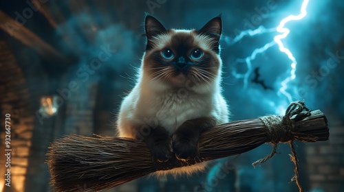 Burmese Cat Riding Witch s Broomstick Amid Thunderclap and Lightning in Night Sky photo