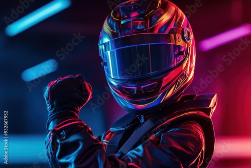 Young boy racer with helmet hand raised under neon light in kart racing poster Competition alert photo