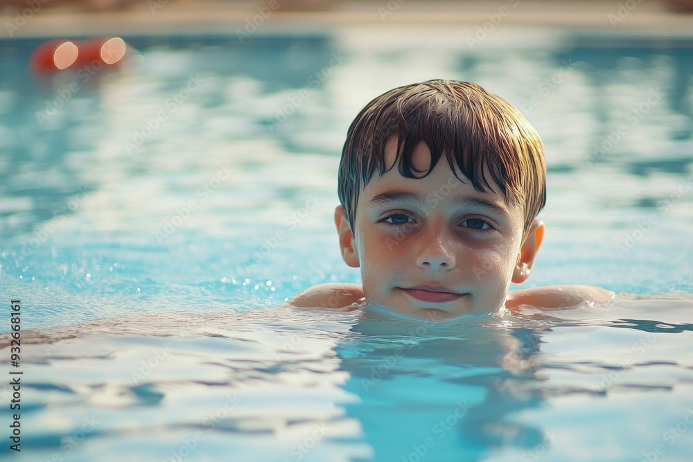Young boy swimming in outdoor pool during summer vacation at hotel Encouraging healthy lifestyle through sport activities for kids Young boy swimming in outdoor pool during summer vacation at hotel Encouraging healthy lifestyle through sport activities for kids