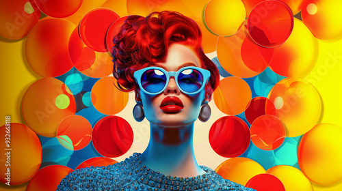 Modern painting in pop art style of young beautiful woman in blue sunglasses and red hair on bright colorful geometric background. Contemporary trendy stylish drawing in bold hues