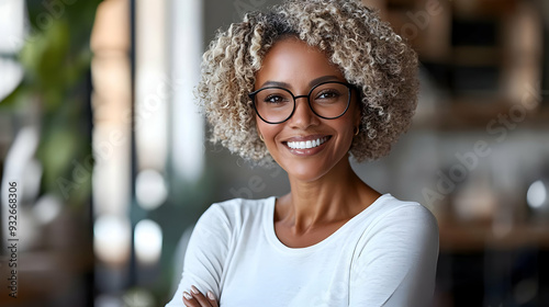 A smiling woman with curly ...