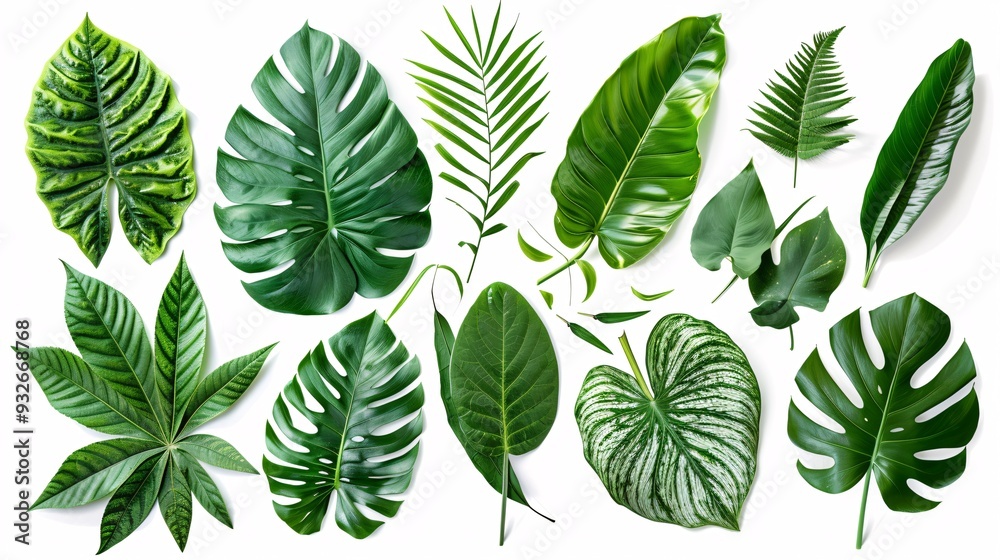 1. Assorted tropical leaves of Asia with vibrant green hues, featuring various shapes and textures, isolated on a white background with clipping path included 1. Assorted tropical leaves of Asia with vibrant green hues, featuring various shapes and textures, isolated on a white background with clipping path included