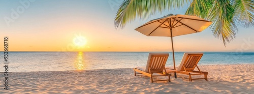 Two Beach Chairs and an Umbrella on White Sand at Tropical Seashore During Sunset, Under a Palm Tree, Wide-Format Banner with Copy Space for Vacation Concept