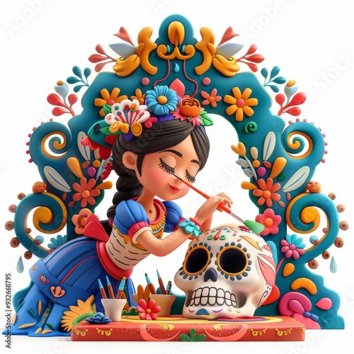 A serene scene of a woman painting a sugar skull with intricate designs and vibrant colors, preparing for the Day of the Dead festivities, all rendered in a 3D cartoon style. Isolated photo