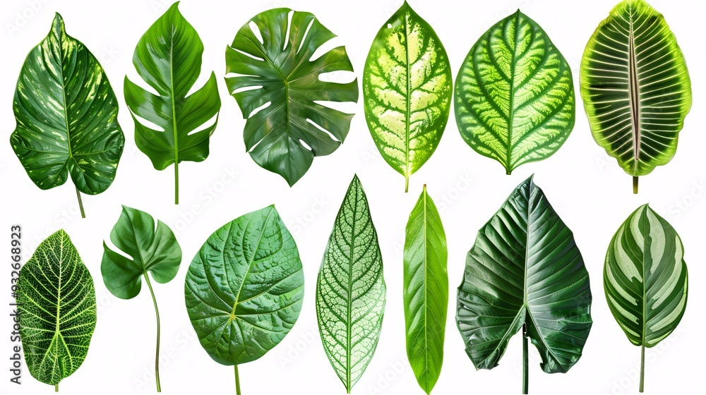 2. Collection of tropical Asian leaves, showcasing detailed veining and lush green colors, isolated on white with clipping path included