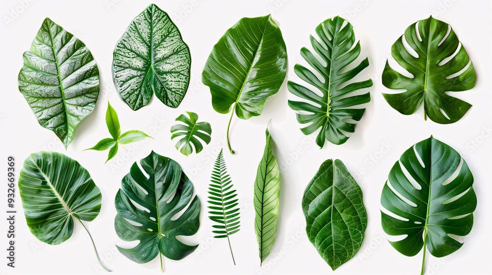 Fototapeta premium 5. Various tropical leaves native to Asia, each with distinct shapes and rich green tones, isolated on white with precise clipping path included