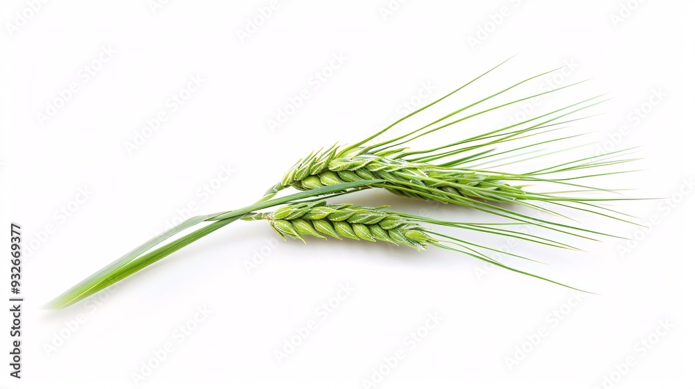 1. Close-up of a green spikelet of wheat with detailed grains and thin stalk, isolated on a white background 1. Close-up of a green spikelet of wheat with detailed grains and thin stalk, isolated on a white background