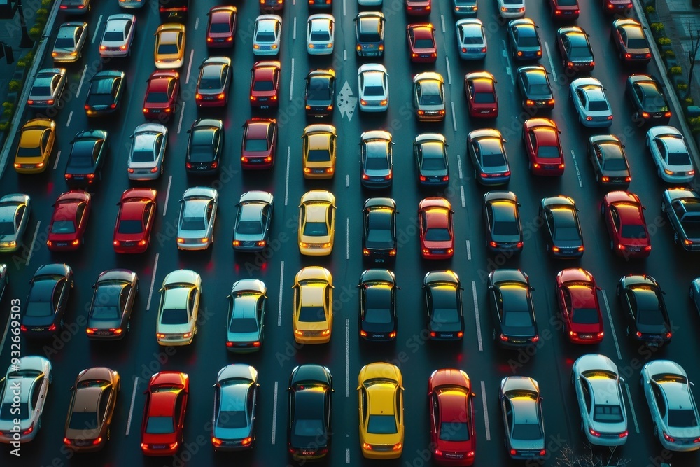 Fototapeta premium Heavy traffic during rush hour with many cars on the road seen from above