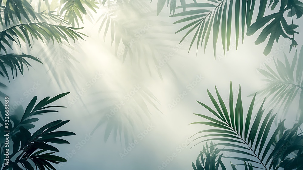 Sunlight streaming through tropical palm leaves in a misty jungle. Sunlight streaming through tropical palm leaves in a misty jungle.