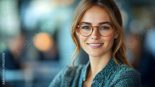 A smiling woman with glasses in a modern indoor setting.