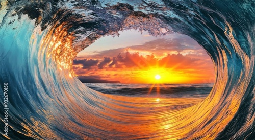 Inside a Barrel Wave at Sunset with Vibrant Colors Reflecting Off Its Surface and the Setting Sun in the Background, Capturing the Crystal-Clear Blue Water Forming a Perfect Curve