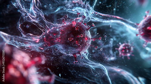 A highly detailed microscopic view of a virus infecting blood plasma, with the virus particles actively interacting with the plasma cells, highlighting the intricate structure of the virus and  photo