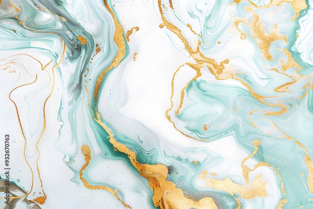 White background with pastel mint and gold marble texture, glittering liquid ink swirls and golden lines White background with pastel mint and gold marble texture, glittering liquid ink swirls and golden lines