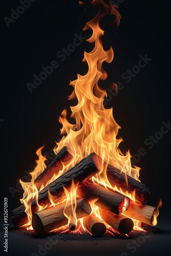 A fire burning isolated on a dark background, vertical composition