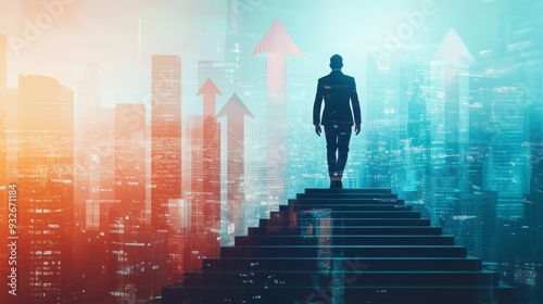 A businessman climbs a ladder against the backdrop of the city, symbolizing business growth