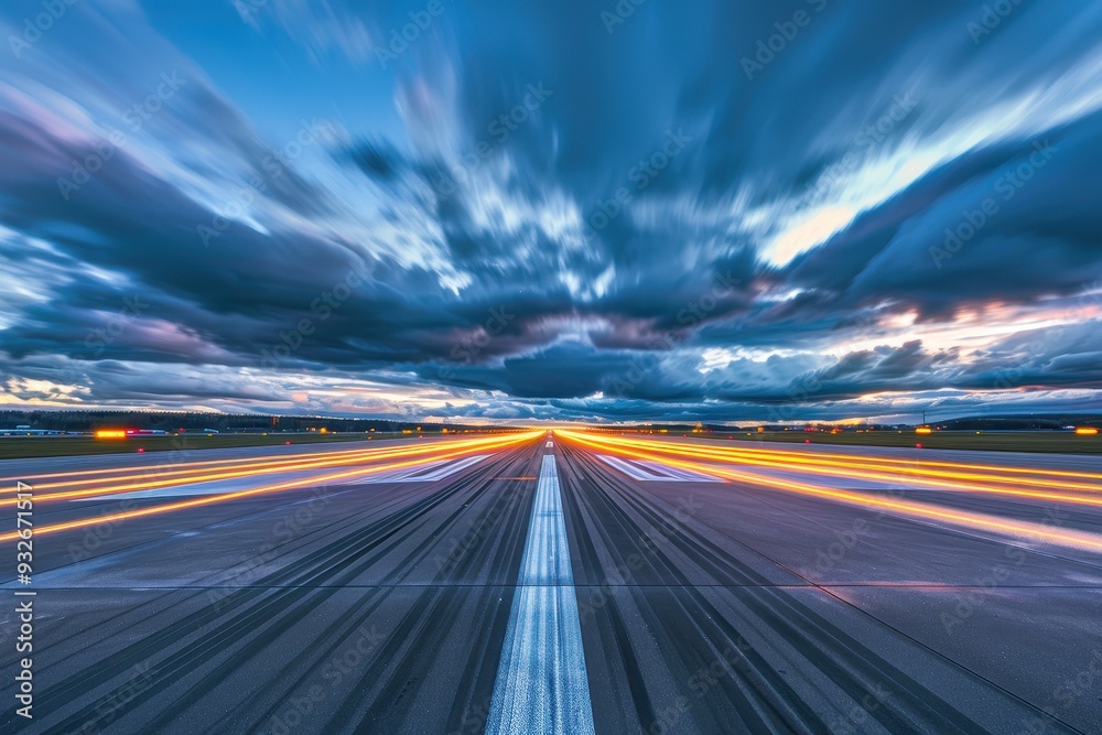 Obraz premium Light trails on airport runway under cloudy sky at dusk