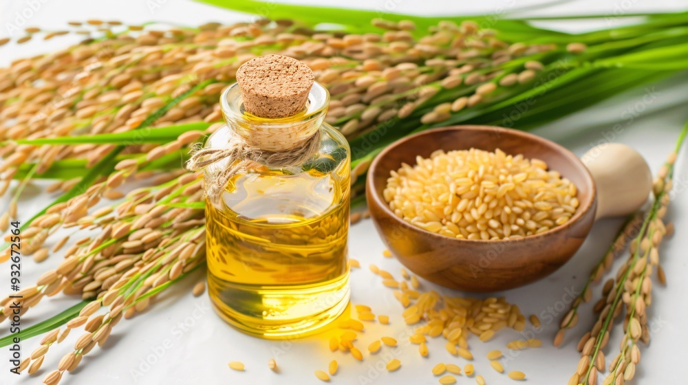3. Elegant presentation of rice bran oil with rich golden hue, surrounded by rice ears and green leaves, isolated on a clean white background 3. Elegant presentation of rice bran oil with rich golden hue, surrounded by rice ears and green leaves, isolated on a clean white background