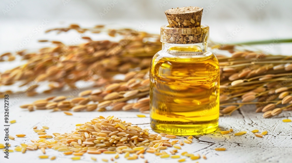 1. Clear bottle of golden rice bran oil with fresh paddy and scattered brown rice grains, isolated on a white background