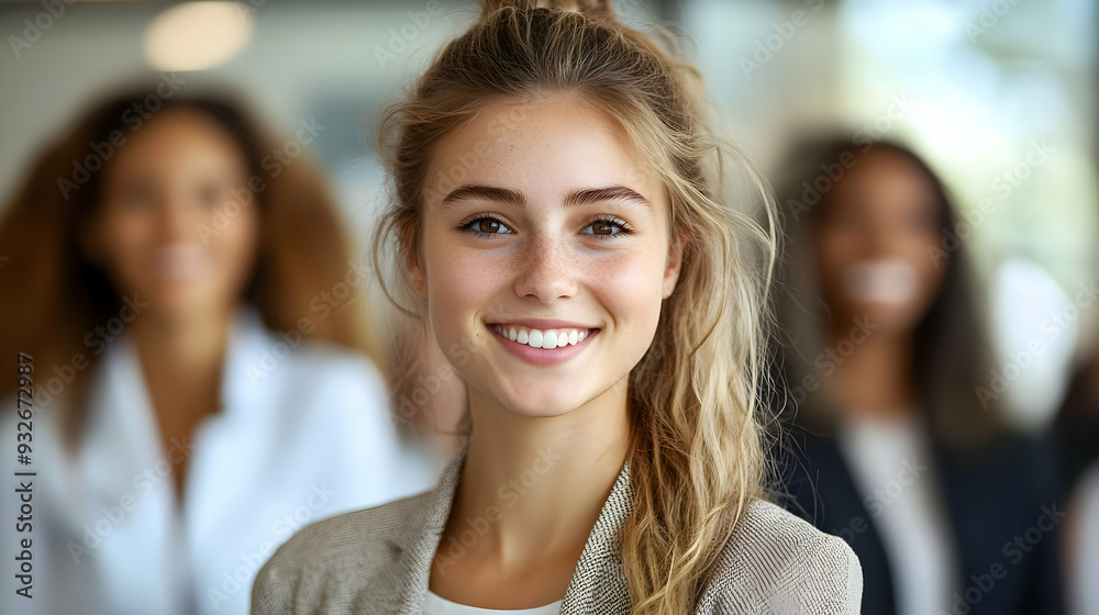A smiling young woman in a professional setting with others behind her. A smiling young woman in a professional setting with others behind her.