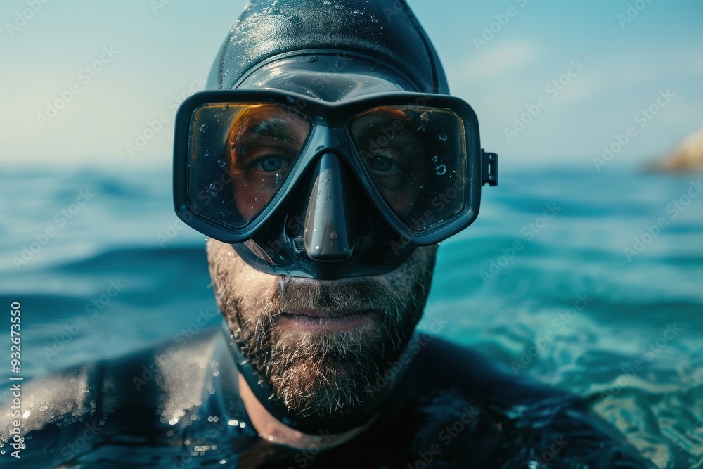 Fototapeta premium Male diver in wetsuit and mask Freediving at sea in summer