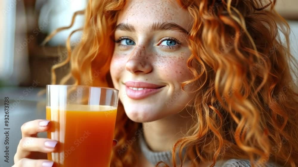 Contented young lady sipping tomato juice at home while lounging on the couch. Welfare and the idea of a healthy lifestyle Contented young lady sipping tomato juice at home while lounging on the couch. Welfare and the idea of a healthy lifestyle