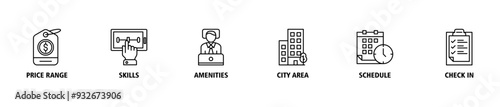 Hotel booking banner web icon set vector symbol illustration concept with icon of price range, select, amenities, city area, schedule, check in icons symbol live stroke editable