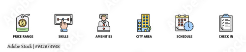 Hotel booking banner web icon set vector symbol illustration concept with icon of price range, select, amenities, city area, schedule, check in icons symbol live stroke editable