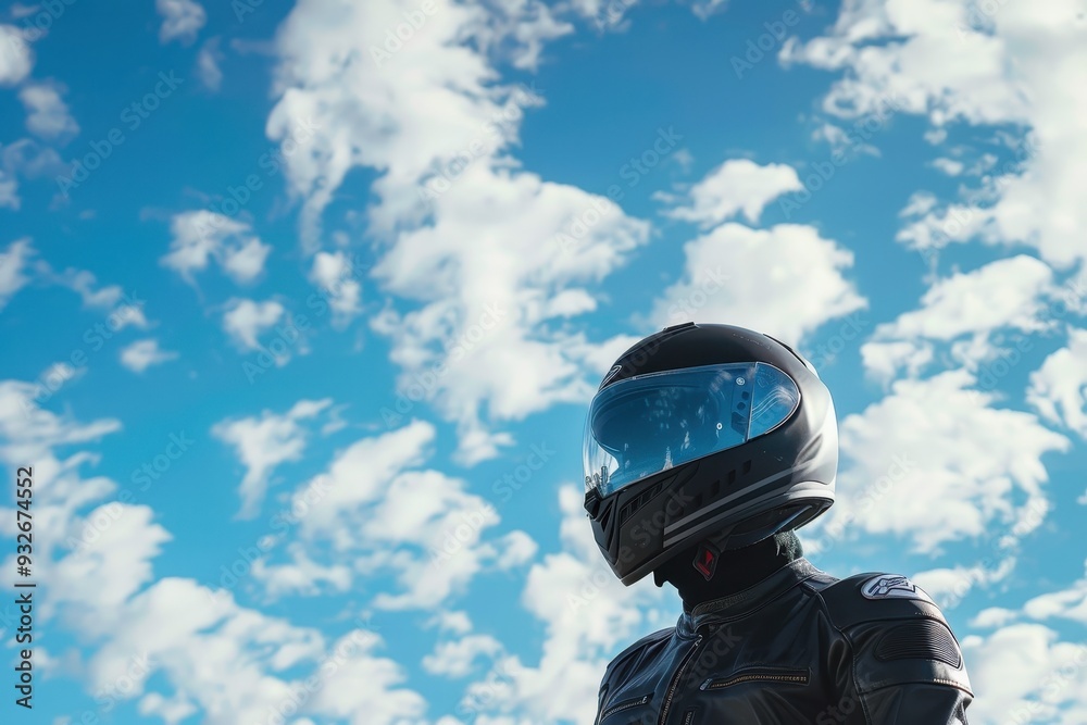 Motorcyclist in black gear looking up Motorcyclist in black gear looking up