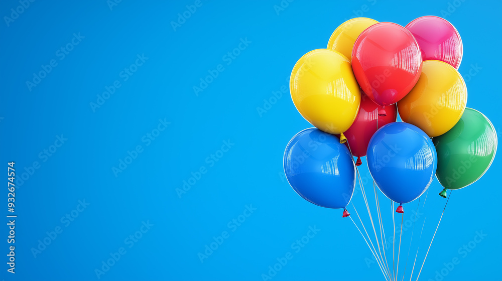 A bunch of colorful balloons floating against a bright blue background. Perfect for celebrations, parties, birthdays, and festive events with ample copy space. A bunch of colorful balloons floating against a bright blue background. Perfect for celebrations, parties, birthdays, and festive events with ample copy space.