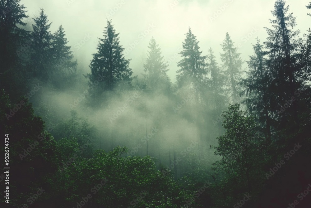 Mystical Forest Shrouded in Mist with Tall Trees and Lush Foliage, Creating an Ethereal Atmosphere Mystical Forest Shrouded in Mist with Tall Trees and Lush Foliage, Creating an Ethereal Atmosphere