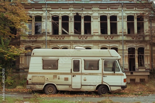 Motorhome in front of a stunning abandoned building
