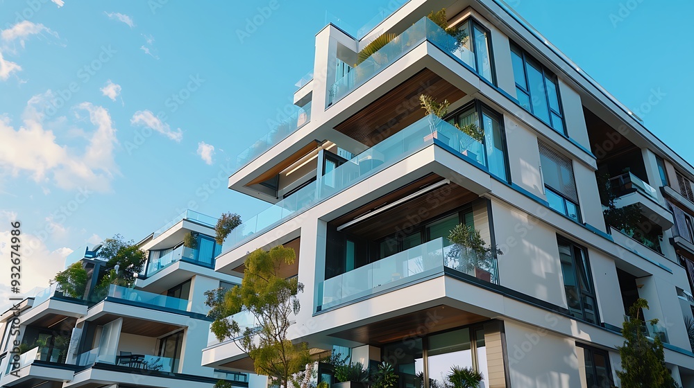 Obraz premium Modern apartment building with balconies and glass windows showcasing contemporary urban living design for residential architecture elegance and metropolitan lifestyle concept.