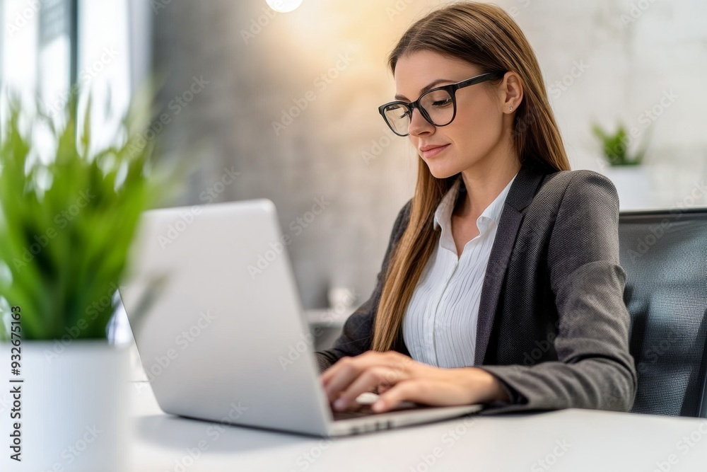 Businesswoman Working at Desk with Laptop, Focused and Professional, Green Plant Accent in Office Setting Businesswoman Working at Desk with Laptop, Focused and Professional, Green Plant Accent in Office Setting