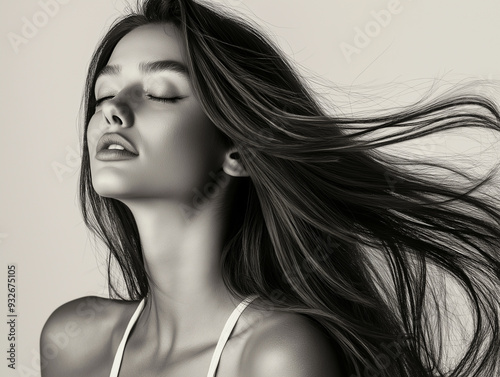 A black-and-white portrait of a woman with her hair flowing in the air, eyes closed, and a serene expression on her face, capturing a moment of peace and elegance.