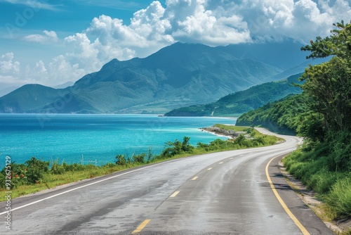 Fototapeta Naklejka Na Ścianę i Meble -  Mountain and sea with asphalt road in natural setting