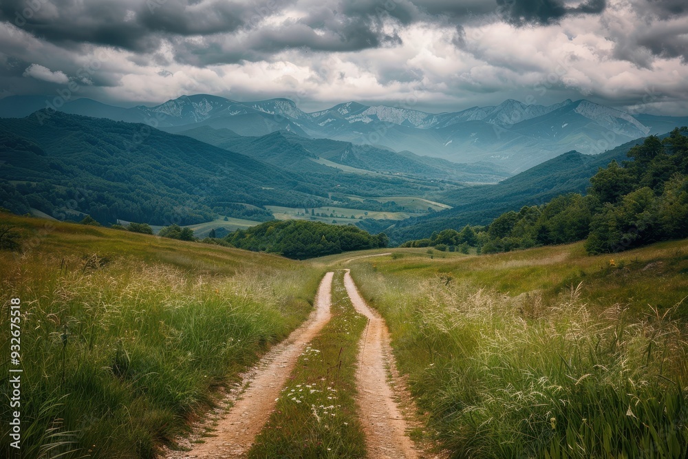 Mountain dirt road landscape under overcast sky Mountain dirt road landscape under overcast sky