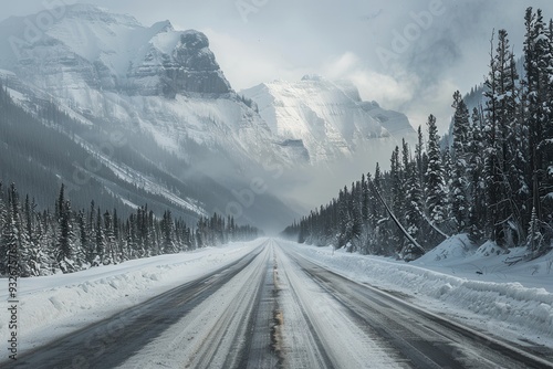 Mountain highway blanketed with snow