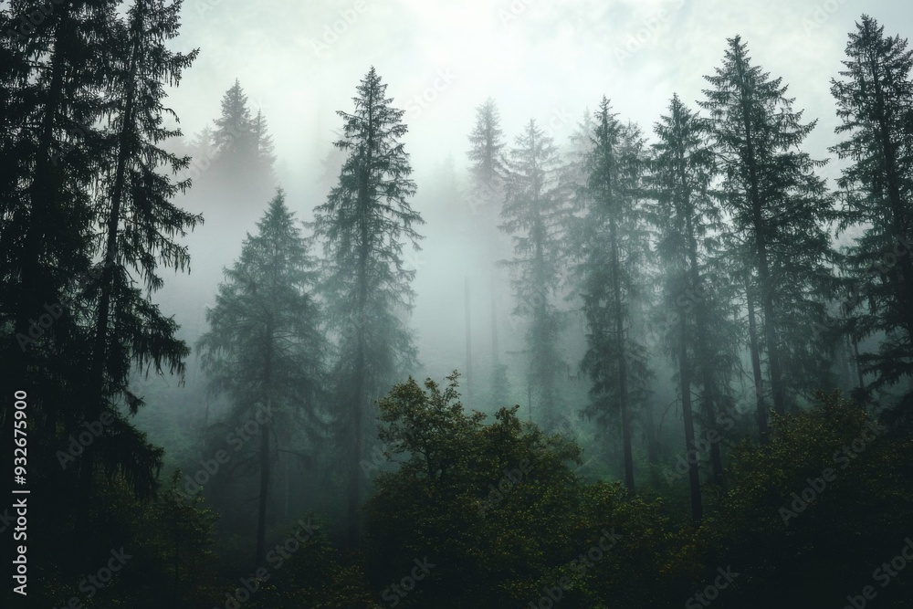 Fototapeta premium Mystical Forest Shrouded in Mist with Tall Trees and Lush Foliage, Creating an Ethereal Atmosphere