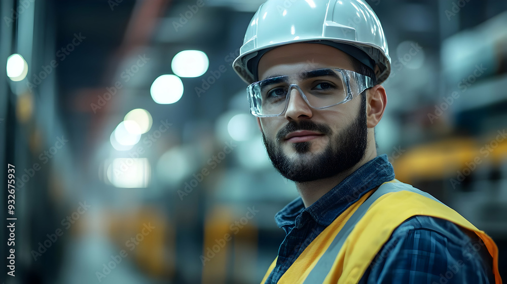 A worker in safety gear stands confidently in an industrial setting. A worker in safety gear stands confidently in an industrial setting.