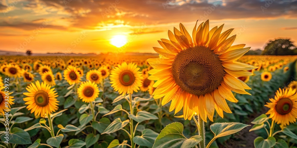 Obraz premium Golden sunflower field at sunset with a warm, yellow glow , sunflowers, field, landscape, golden, yellow, sunset, nature
