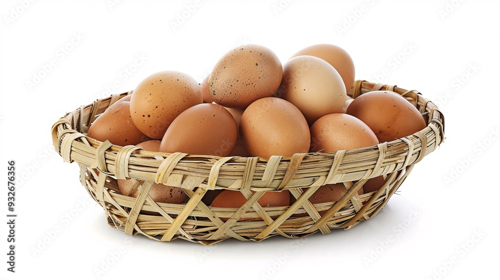 2. Close-up of fresh chicken eggs in a rustic woven bamboo basket, perfectly isolated against a white background with clipping path, highlighting the natural materials and the pristine condition of