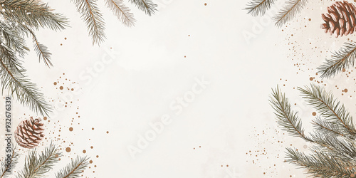 Minimalist Christmas background with pine branches and pinecones. Simple and elegant design with space for text. Ideal for holiday greetings or seasonal promotions.
