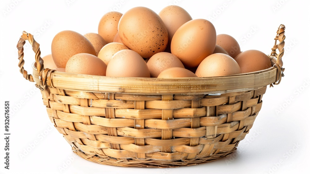 5. Woven bamboo basket brimming with fresh chicken eggs, isolated on a pure white background with clipping path, emphasizing the contrast between the rustic basket and the clean, smooth eggs 5. Woven bamboo basket brimming with fresh chicken eggs, isolated on a pure white background with clipping path, emphasizing the contrast between the rustic basket and the clean, smooth eggs