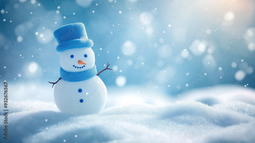 A joyful snowman in a snowy landscape with a blue hat and scarf. The bright and cheerful design is perfect for celebrating the winter holiday season. A joyful snowman in a snowy landscape with a blue hat and scarf. The bright and cheerful design is perfect for celebrating the winter holiday season.
