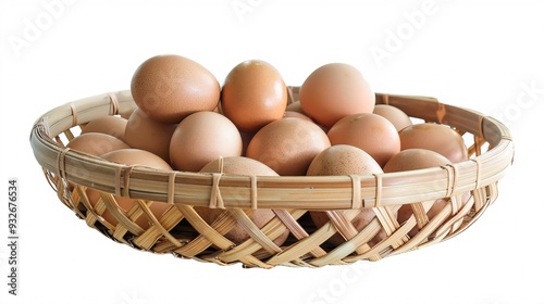 4. Fresh chicken eggs arranged in a woven bamboo basket, isolated on a white background with clipping path, focusing on the textures of the bamboo and the smoothness of the eggs