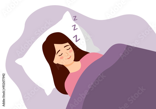 Young woman sleeping on the bed in flat design. Woman lying on comfortable bed on pillow.