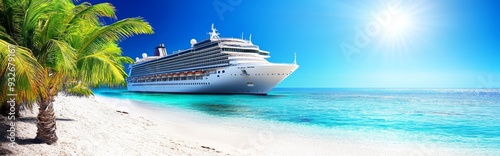 Cruise Ship Docked at Beach Surrounded by Palm Trees and Clear Blue Water, Capturing a Dream Vacation Adventure