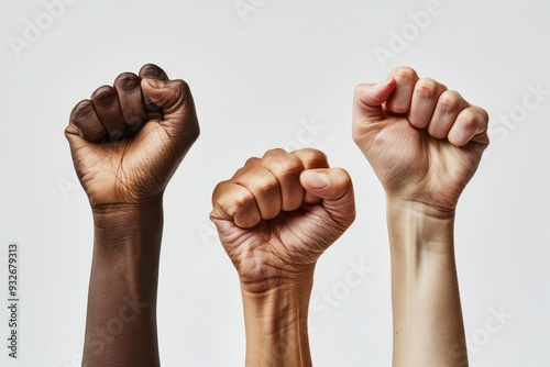 Multiracial hands clenched in fists against racism photo