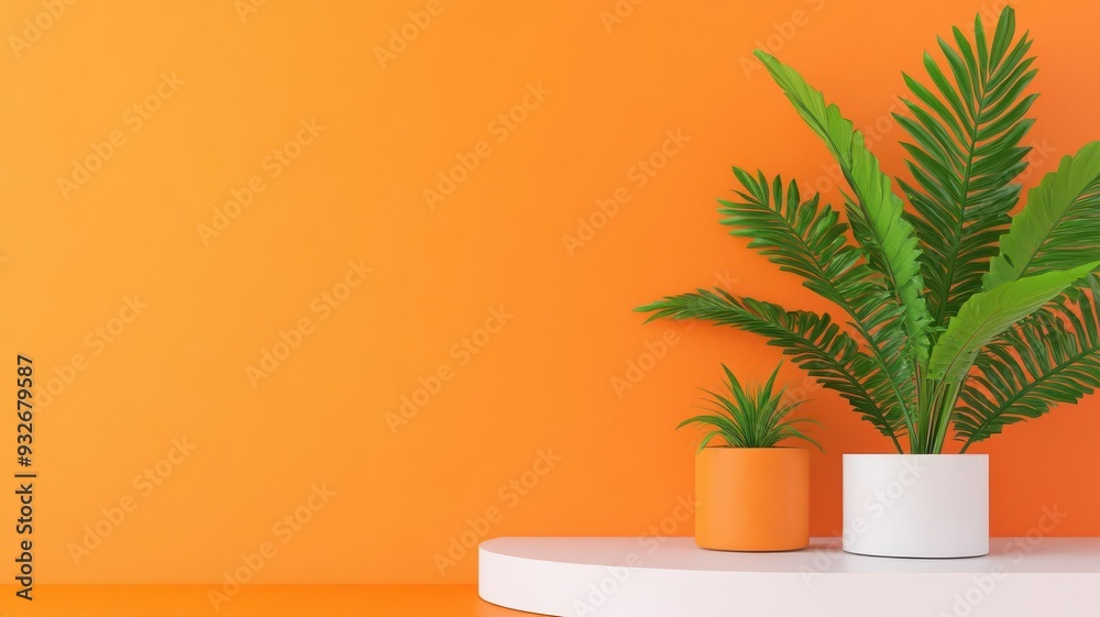 Two potted plants on a white table against an orange wall. Two potted plants on a white table against an orange wall.